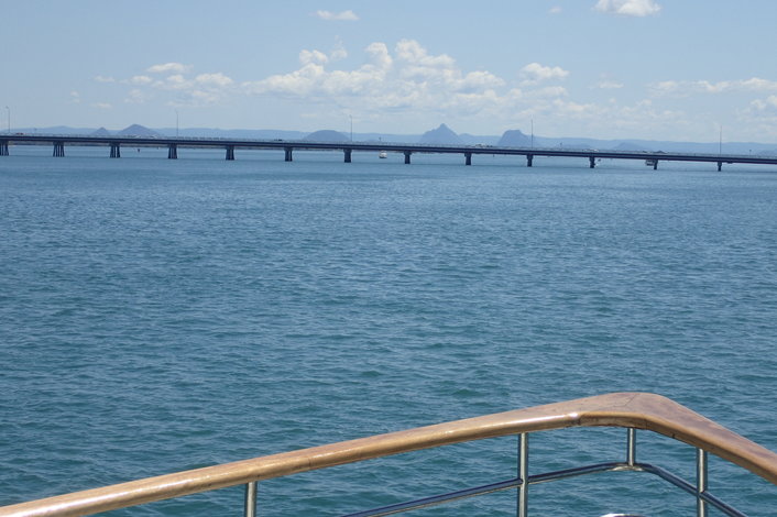 Bribie Island bridge, Glasshouse Mts in distance